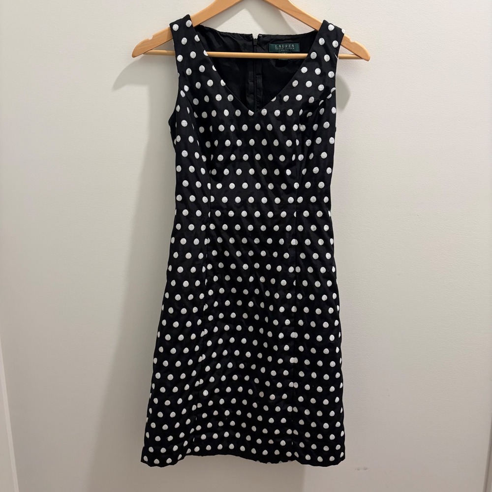 Lauren Ralph Lauren Polka Dot Sheath Dress Black White V-Neck Size 0 Sleeveless